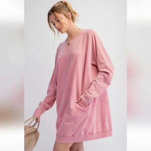 New Easel Pink Washed Terry Knit Long Sleeve Pullover Tunic Dress